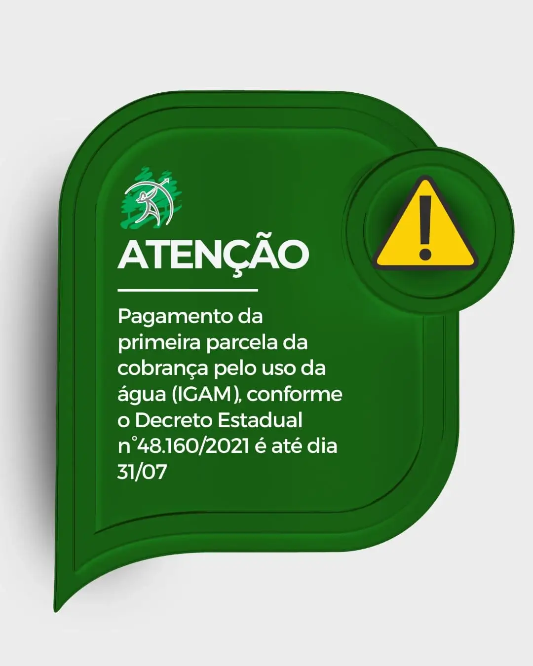 🚨 Atenção, usuários de recursos hídricos!  O prazo para pagamento da 1ª parcela da cobrança pelo uso da água vai até 31 de julho, conforme o Decreto Estadual nº 48.160/2021.  💧 Essa cobrança é um instrumento da Política de Recursos Hídricos que visa incentivar o uso consciente da água e financiar ações de preservação dos corpos d’água no estado. Ela se aplica a quem capta ou lança efluentes em rios de domínio estadual.  Não deixar para a última hora evita juros, autuações e pendências com o IGAM. 📌 Se sua empresa utiliza recursos hídricos, fique atenta! Compartilhe com sua rede e evite prejuízos.  📲 Dúvidas? A Artemis Ambiental pode te ajudar. #GestaoHidrica #RecursosHidricos #IGAM #MeioAmbiente #ArtemisAmbiental